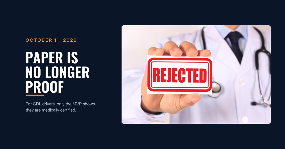 Doctor holding a card stamped REJECTED - paper med cards stop counting October 11, 2026